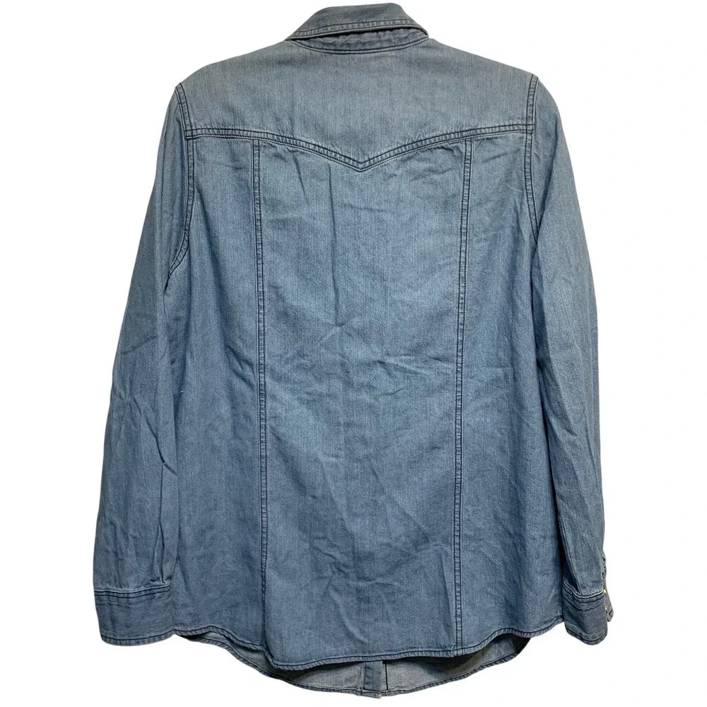 Bit & Bridle Women Light Denim Pearl button Shirt‎ Cowgirl Rodeo Western Large